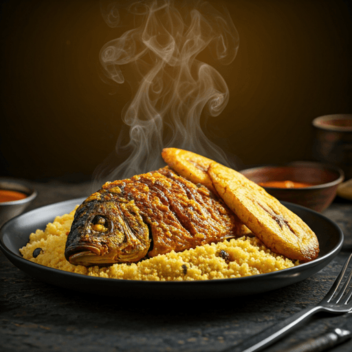 Assiette d'attiéké béninois avec poisson grillé et plantains frits